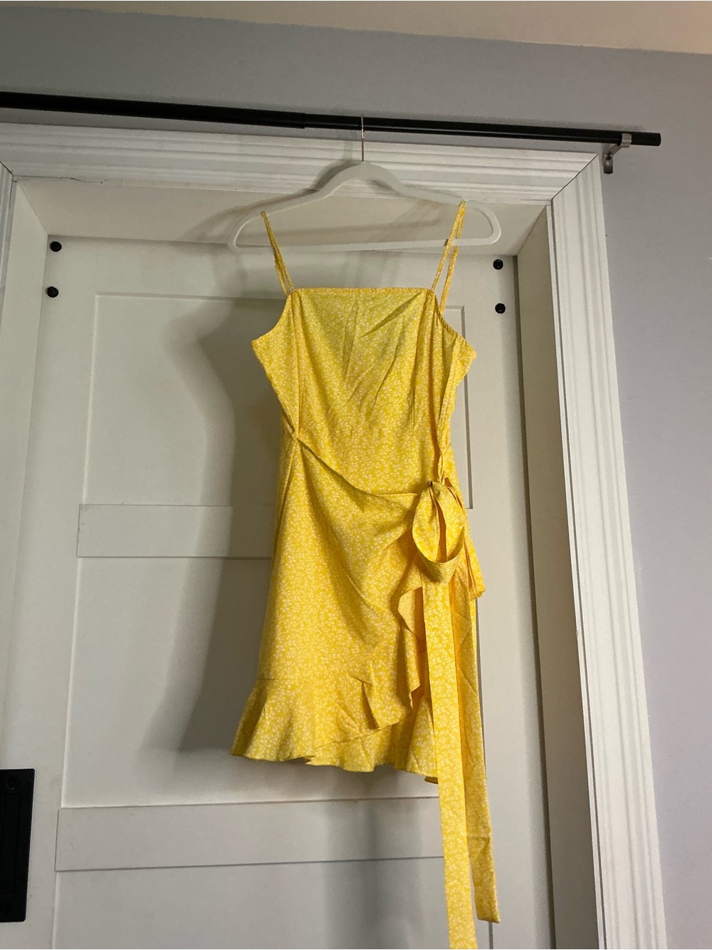 SHEIN Yellow Floral-Print Spaghetti Strap Ruffle Mini Dress